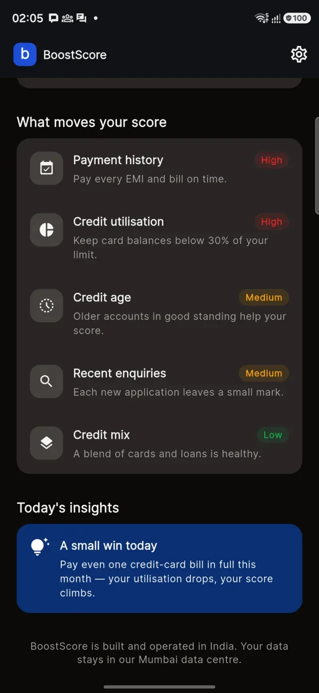 BoostScore app screen listing the factors that move your credit score — payment history, credit utilisation, credit age, recent enquiries and credit mix — each with an impact level