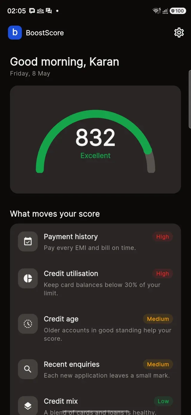 BoostScore app home screen in dark theme showing a credit score of 832, rated Excellent, on the score gauge