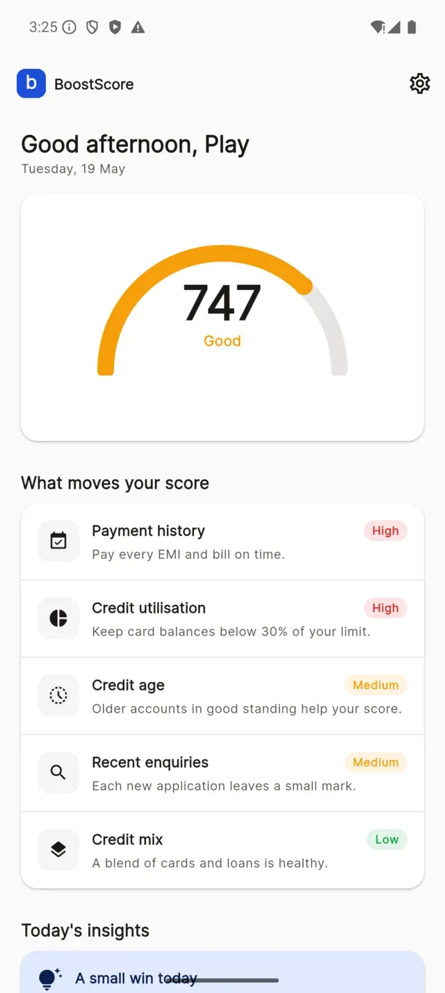 BoostScore app home screen in light theme showing a credit score of 747, rated Good, on the score gauge